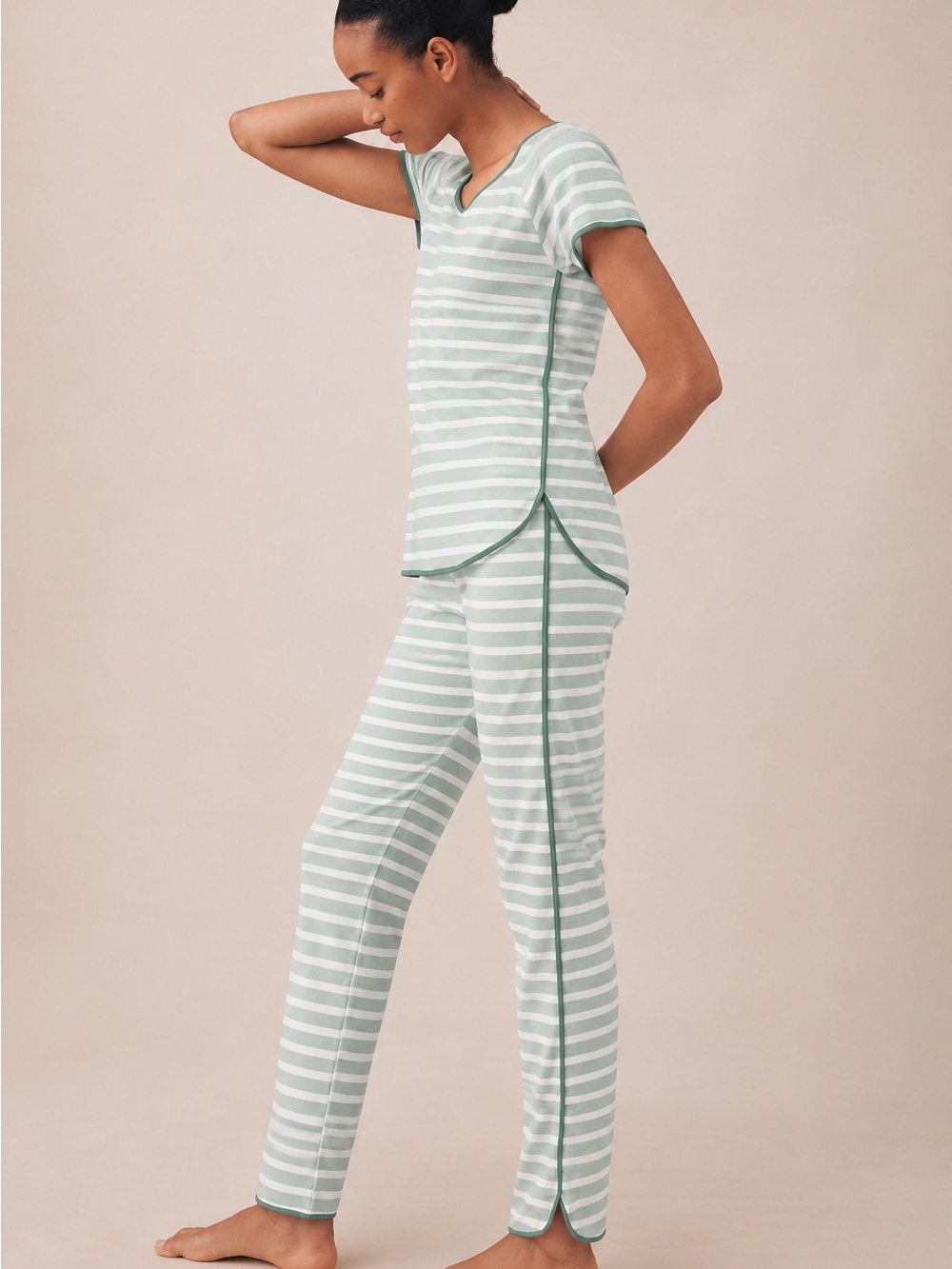 LAKE Pajamas Green Grey & White Stripe Pima Short Long Set XS/M